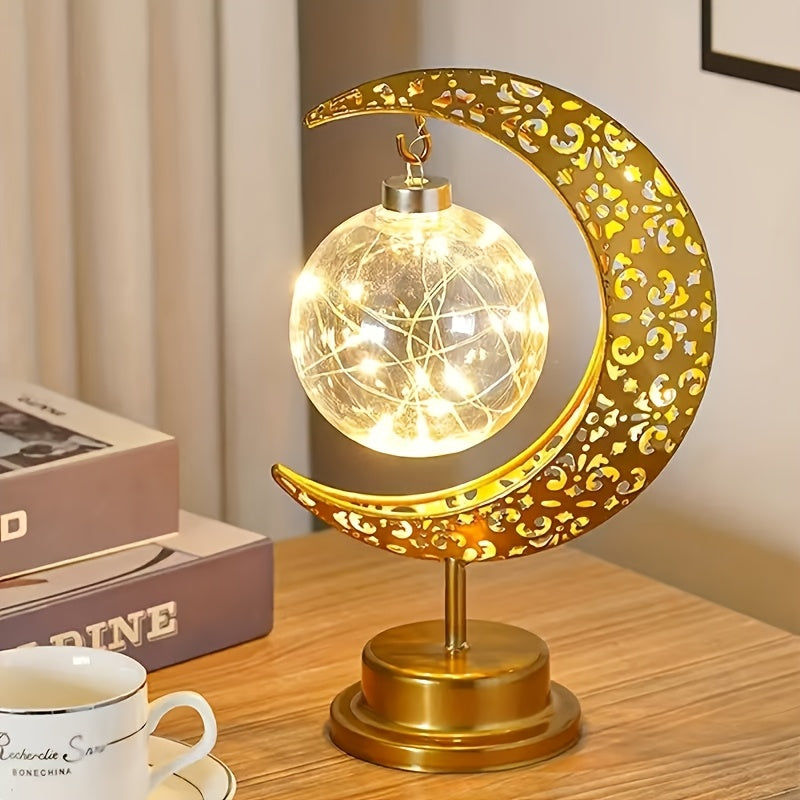 Islamic Crescent Moon &amp; Star LED Table Lamp with Warm White/Golden Light - Muslim Prayer, Ramadan &amp; Eid Decor, Plastic &amp; Golden- Dome for Bedside,, Islamic Décor (-Free -)