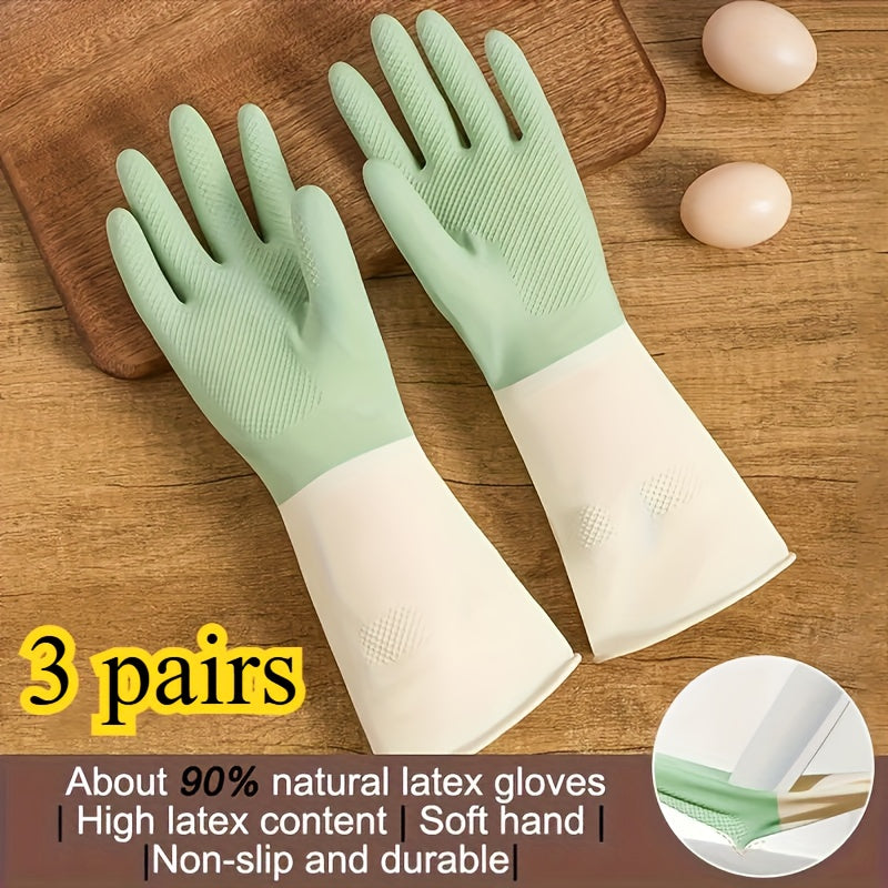 Gants de cuisine en latex épais : imperméables, antidérapants, beige et vert menthe. Parfaits vaisselle, nettoyage et usage domestique. Ergonomiques et durables.