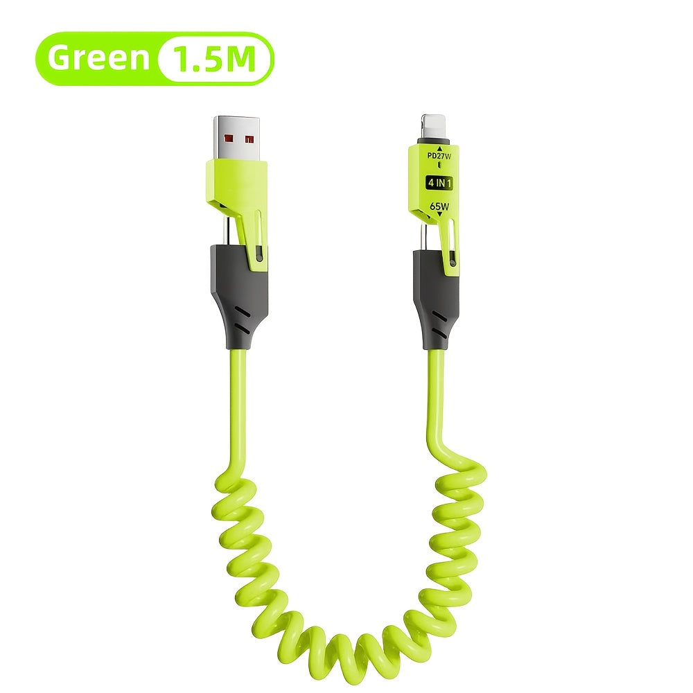 65W Multifunctional Four-in-One USB-C Retractable Cable, PD Super Fast Charging and Data Synchronization, Silicone Material, Multi-Port Charging with Indicator Light, Suitable for iPhone, iPad, Samsung, Xiaomi, Huawei, OPPO a
