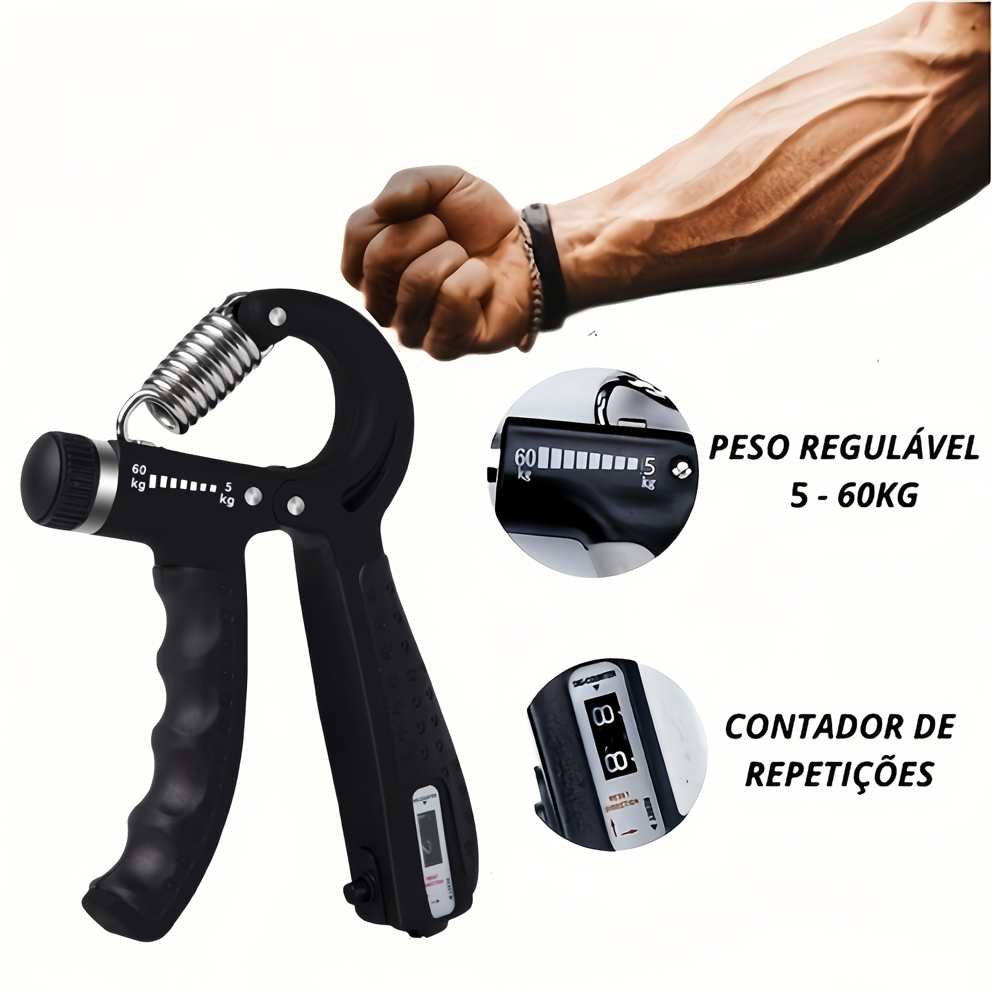 Exerciteur avant-bras réglable 5‑60 kg, alliage aluminium, compteur digital, renforcement musculaire et rééducation, équipement fitness à domicile, design élégant.