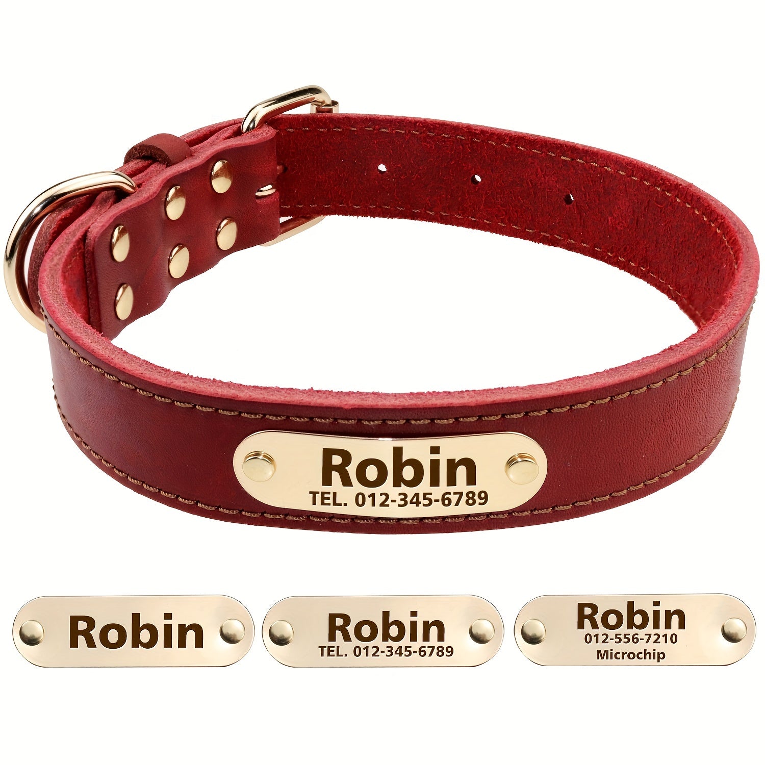 Collier pour chien en cuir personnalisable avec plaque nominative, doux, rembourré, respirant, robuste, boucle métallique antirouille, ajustable pour toutes tailles.