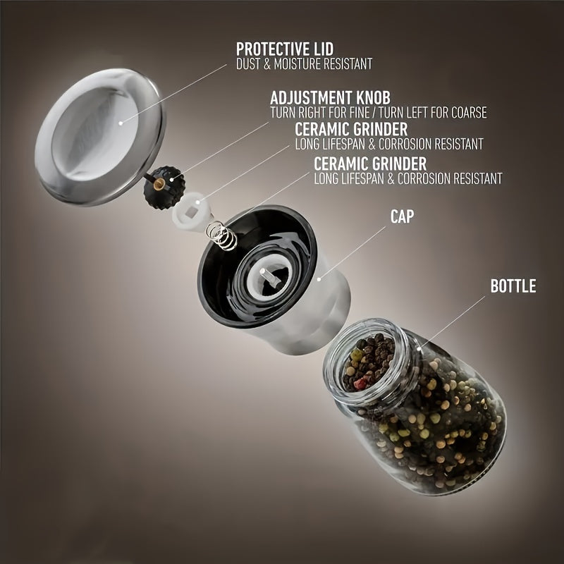 1pc Adjustable Ceramic Core Manual Salt & Pepper Grinder Mill - Portable Spice Crusher with Adjustable Coarseness/Tines, Compact for Camping, BBQ, Hiking, Kitchen - Salt & Pepper Shaker, No /