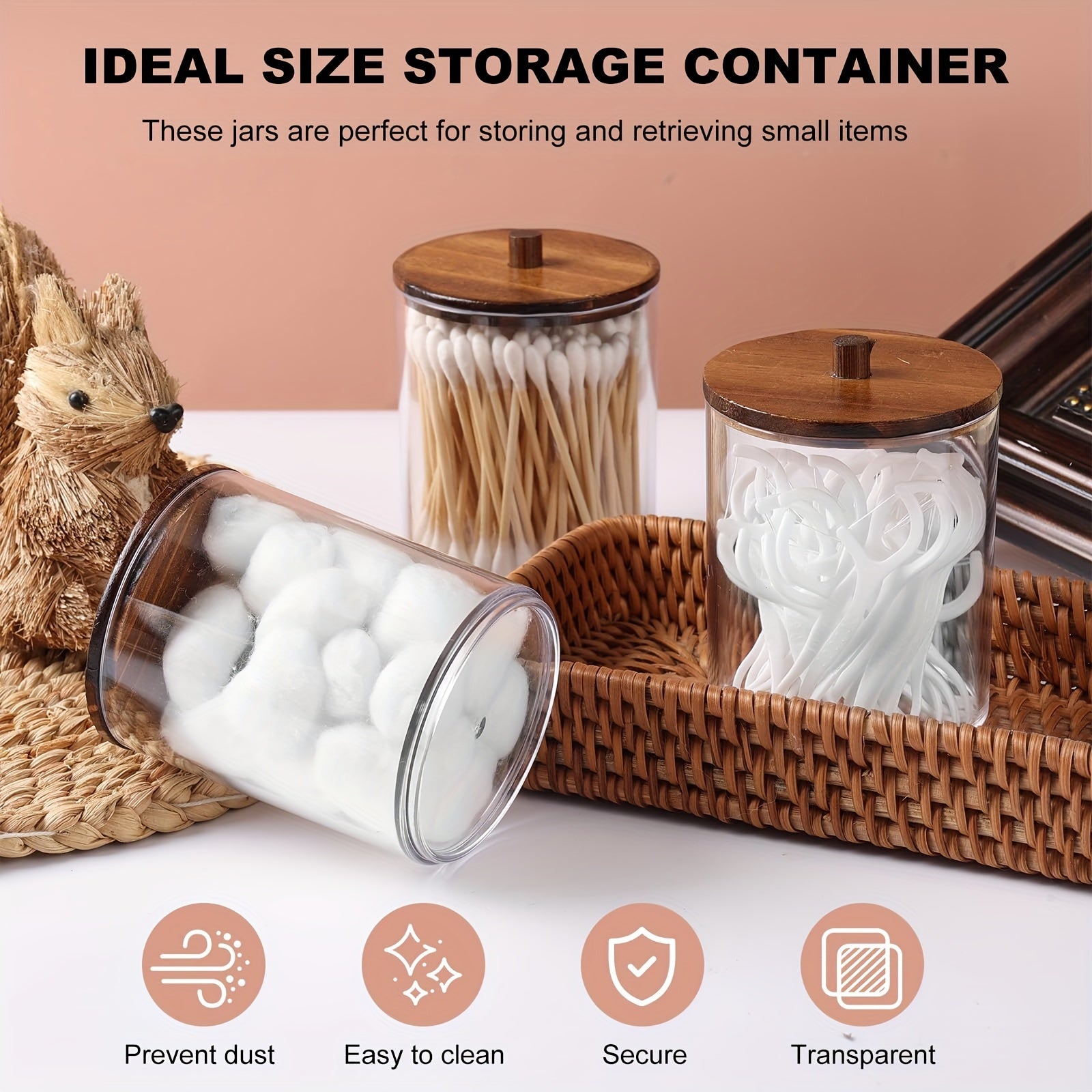 4 Pack Vintage Style 10 Oz Clear Plastic Apothecary Jars with Window-View And Wooden Lids - Bathroom Vanity Makeup Organizer Storage for Swabs, Pads, Buds, Floss, Storage Bins for Home Organization, Baskets, Bins &amp; Containers