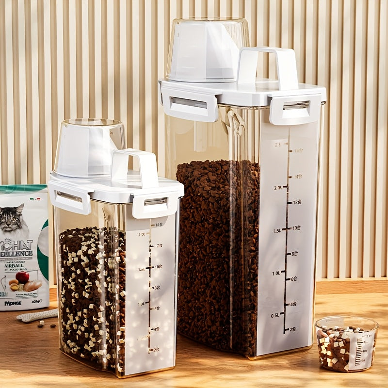1pc Airtight Pet Food Dispenser Container with Measuring Scoop - Transparent Window, Leakproof & Moisture-Proof, Cute, for Dogs, Cats, Kibble, Wet Food - Countertop or Cabinet Storage Organizer, Modern Kitchen Accessory, Dura