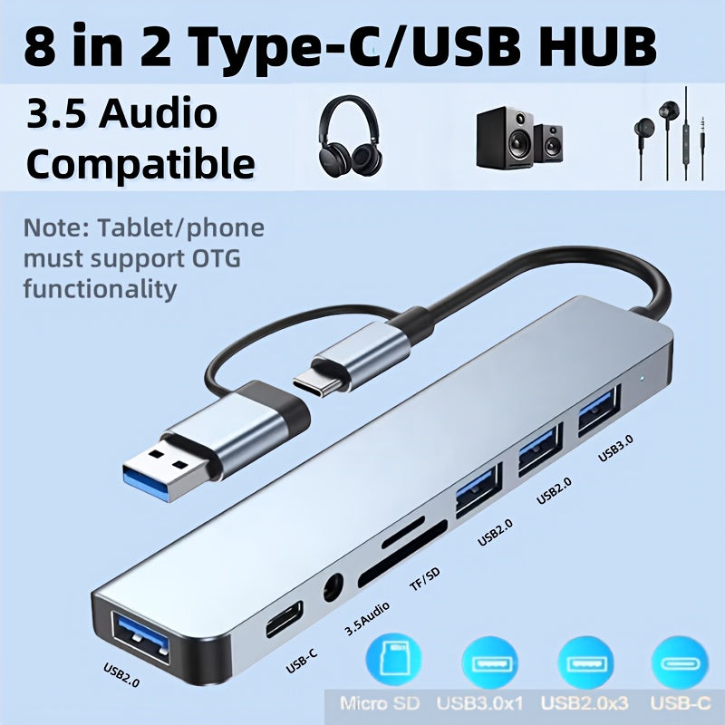 Multi-Function Hub, USB &amp; TYPE-C Ports, featuring USB 3.0 + USB-C + SD/TF + 3.5mm Audio. A versatile docking station that supports seamless multi-port collaboration, suitable for smartphones, tablets, and computers for both v