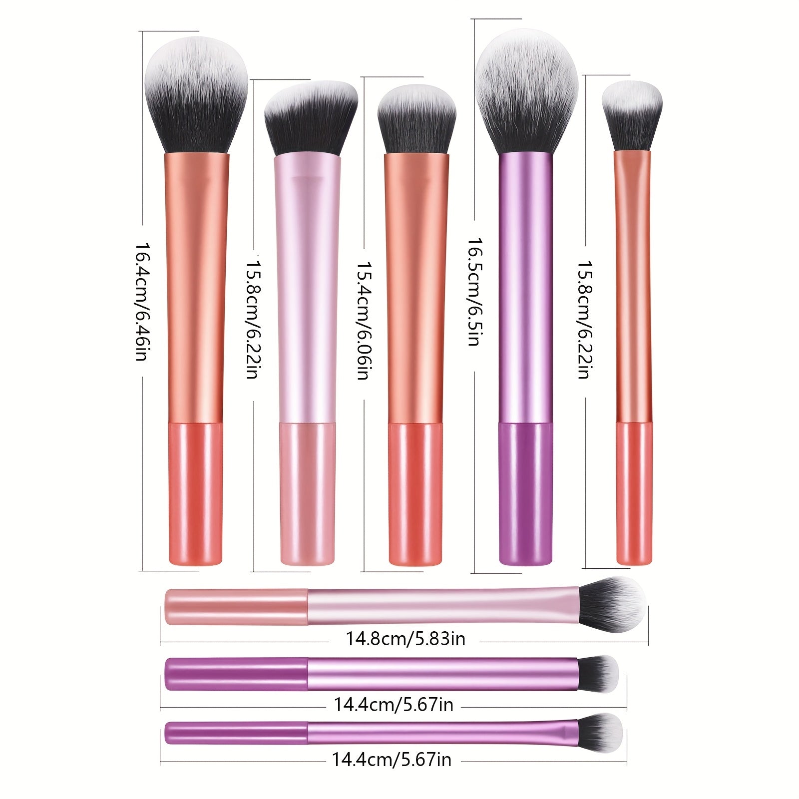 Set portable de 8 pinceaux maquillage, manches synthétiques légers et résistants, poils doux de qualité supérieure, couleurs variées.