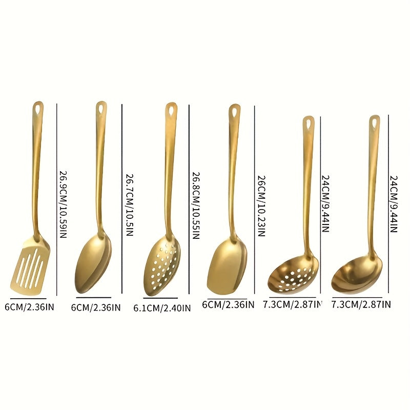 6pcs Korean-Style Stainless Steel Gold-Plated Kitchen Utensil Set: Essential Cooking Ladle, Strainer Spoon, and Frying Spatula for Home Use - Luxurious Golden Soup Spoon, Colander, and Hot Pot Ladle Perfect for Cooking, Buffe