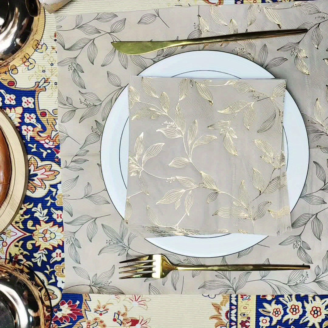 60pcs Elegant Golden Leaf Stamped Disposable Napkins - 33.02x33.02cm Square Paper Placemats, Perfect for Family Gatherings, Weddings, Parties &amp; Restaurants