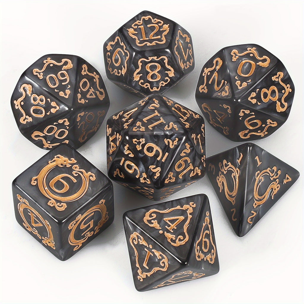 [مفضل لدى العملاء] مجموعة نرد متعدد السطوح فاخرة (7 قطع) مع حقيبة برباط لألعاب الطاولة من نوع الزنزانات والتنينات D&amp;D RPG MTG. مثالية للألعاب، والهالوين، وهدايا عيد الميلاد، ومغامرات تقمص الأدوار الخيالية.