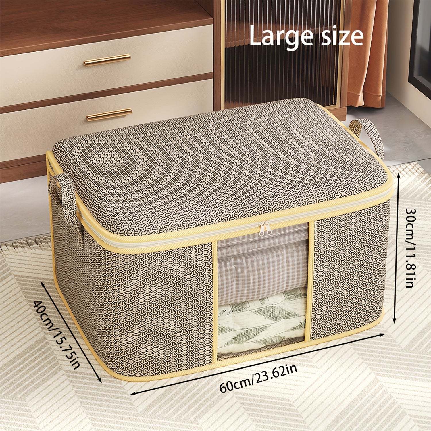 TUZA 1pc Large Heavy-Duty Soft Non-Woven Fabric Storage Bag with Zipper Closure, 4 Carry Handles &amp; Window - Queen/King Comforter, Bedding, Blanket, Clothes Organizer - Heavy Items Capacity (Bed Pillows, Protectors)