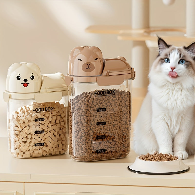 Seau hermétique pour nourriture de chien 2–2,8 L, plastique transparent, portable, idéal pour stocker croquettes et friandises en voyage.