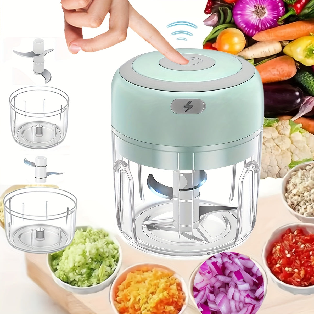 Mini robot culinaire 250 ml avec 3 lames en acier inoxydable, hache viande, légumes et fruits, compact, électrique, pratique pour préparation repas maison.