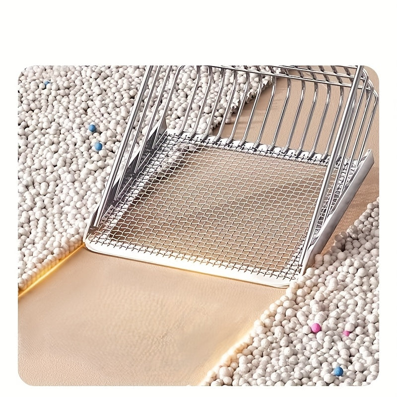 Pelle à litière 2-en-1 en acier inoxydable, tamis double (grossier et fin), outil polyvalent pour sable de chat, plage ou coquillages.