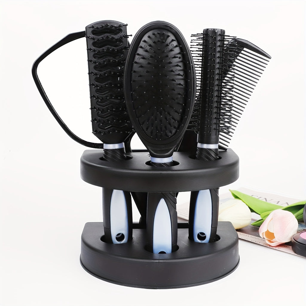 Set coiffure professionnel 5 pièces : brosses démêlantes, peignes massage cuir chevelu et miroir, parfait pour styling complet.