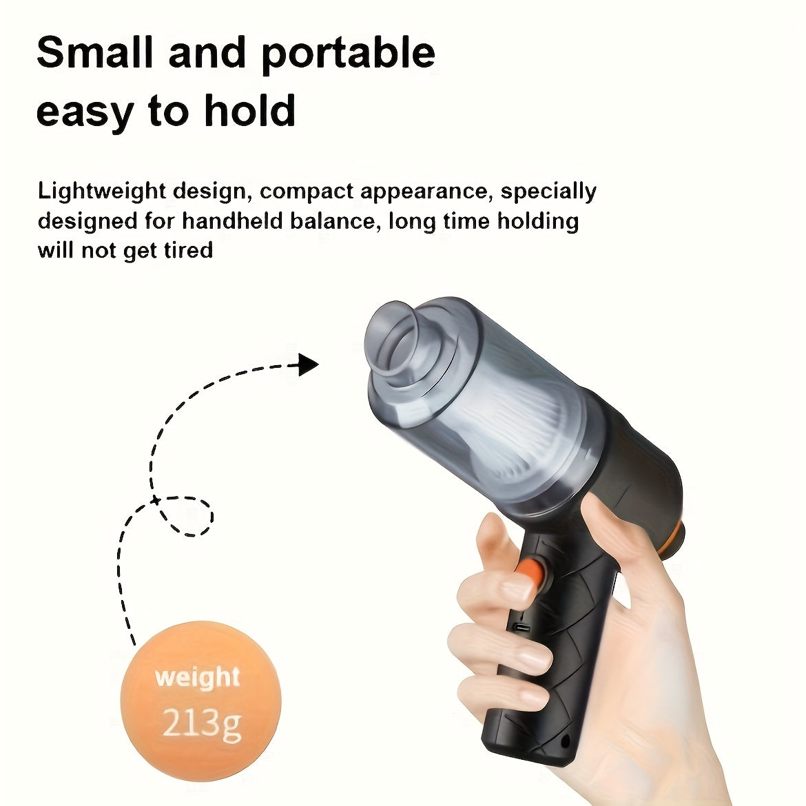 Aspirateur de voiture sans fil mini, compact et léger, forte aspiration pour poils d’animaux et débris, charge USB, corps plastique avec filtre en mousse.