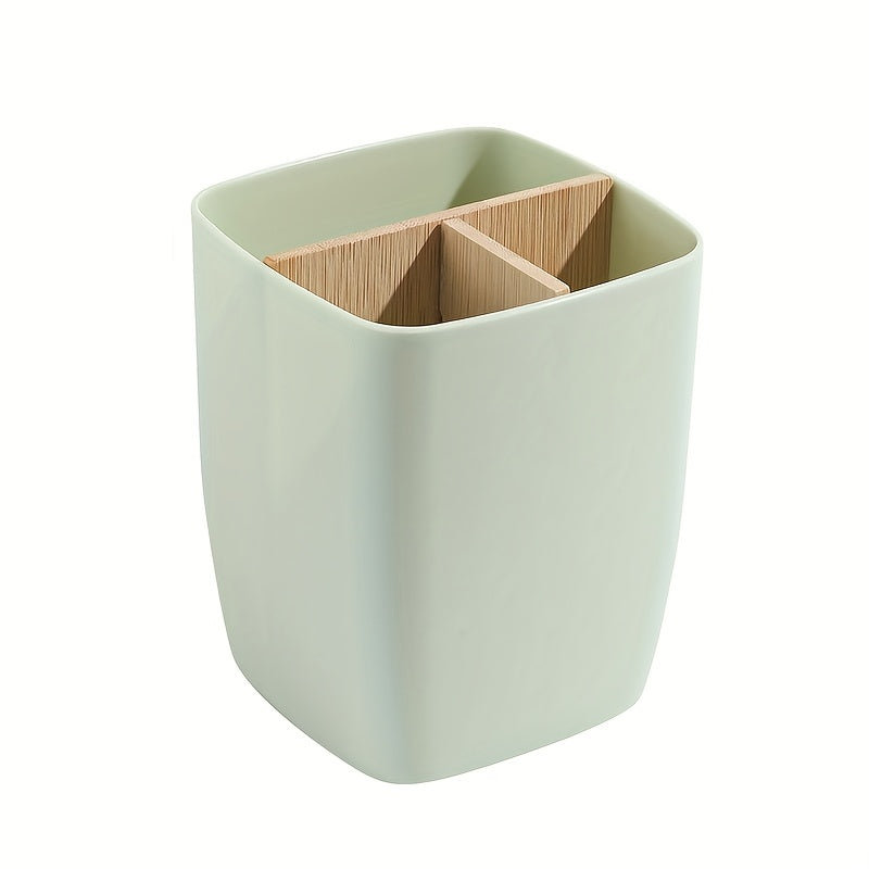 1pc Bamboo-Like Plastic Desk Organizer with Pen Holder &amp; Jewelry Storage - 3/4 Compartment Standalone Multi-Purpose Box for Office, Bathroom, Bedroom - Storage Shelf for Earrings, Rings, Makeup, Small Items (Low, Desk &amp; Drawe