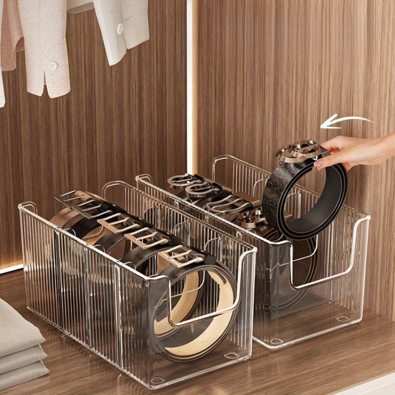 Boîte de rangement transparente avec compartiments amovibles, idéale pour ceintures, foulards, cravates, cosmétiques, bijoux et vêtements, pour tiroirs ou placard.