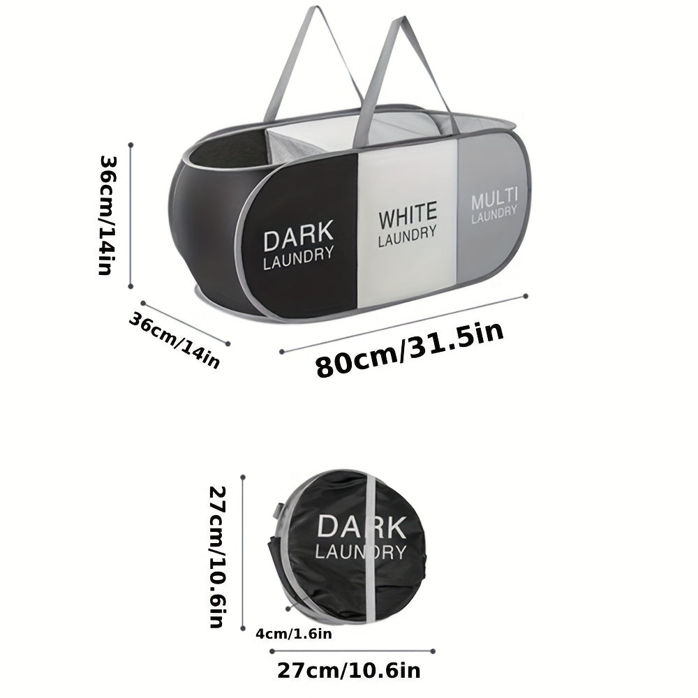 Panier à linge pliable avec poignées doubles, ouverture facile, disponible en 2 ou 3 compartiments, idéal pour maison, chambre ou buanderie.