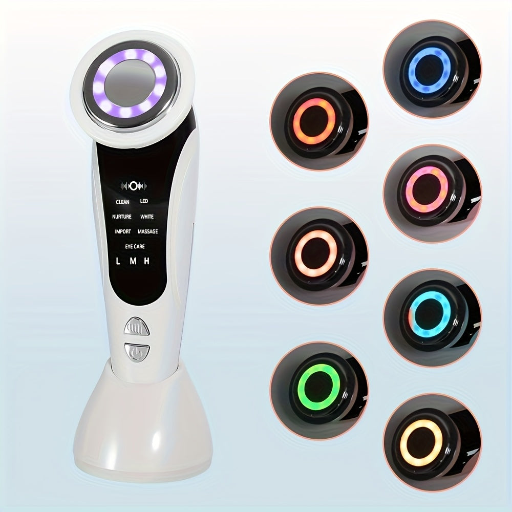 Appareil beauté visage et cou 7-en-1, vibration, rechargeable USB, 4 modes, 3 intensités, design élégant, compact, parfait pour usage familial.