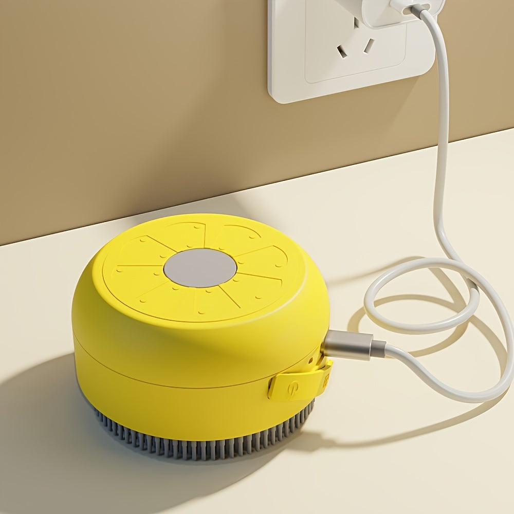 Brosse vapeur électrique 3-en-1 pour chats et chiens, motifs patte/citron, spray, massage, auto-nettoyage, retire poils morts et entretient griffes.