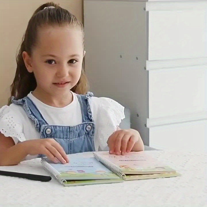 Coffret éducatif enfants : 4 cahiers, stylo, 6 recharges et support, idéal pour apprentissage et exercices d’écriture.