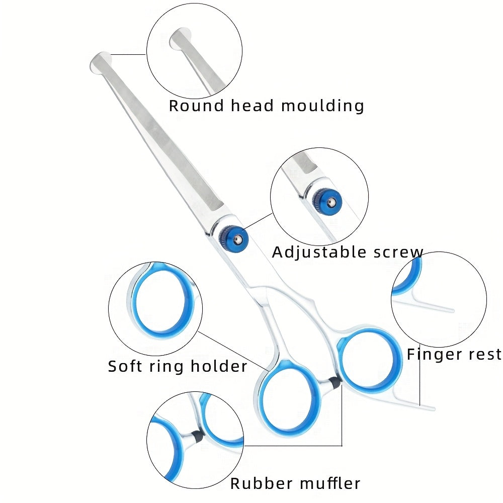 Kit de toilettage 5-en-1 pour chiens. Ciseaux professionnels avec tête ronde, ciseaux effileurs, adapté pour chiens et chats.