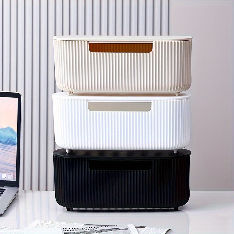 Boîte organiseur de câbles en plastique texturé, avec attaches offertes, pour cordons d’alimentation et données, robuste, multifonction, idéale maison et bureau.