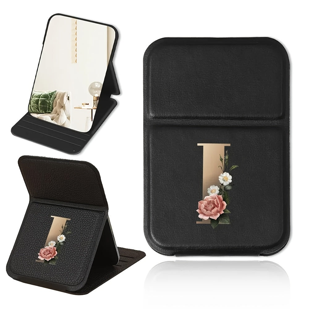 Miroir de maquillage pliable portable, design floral noir et doré, léger, étanche et anti-poussière, parfait cadeau pour enseignants et proches.
