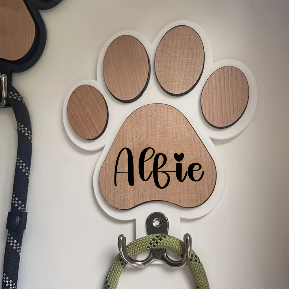 Patère murale en bois personnalisée, gravure empreinte de patte, pour laisses, colliers et manteaux, durable et décorative, cadeau idéal pour amoureux des animaux.