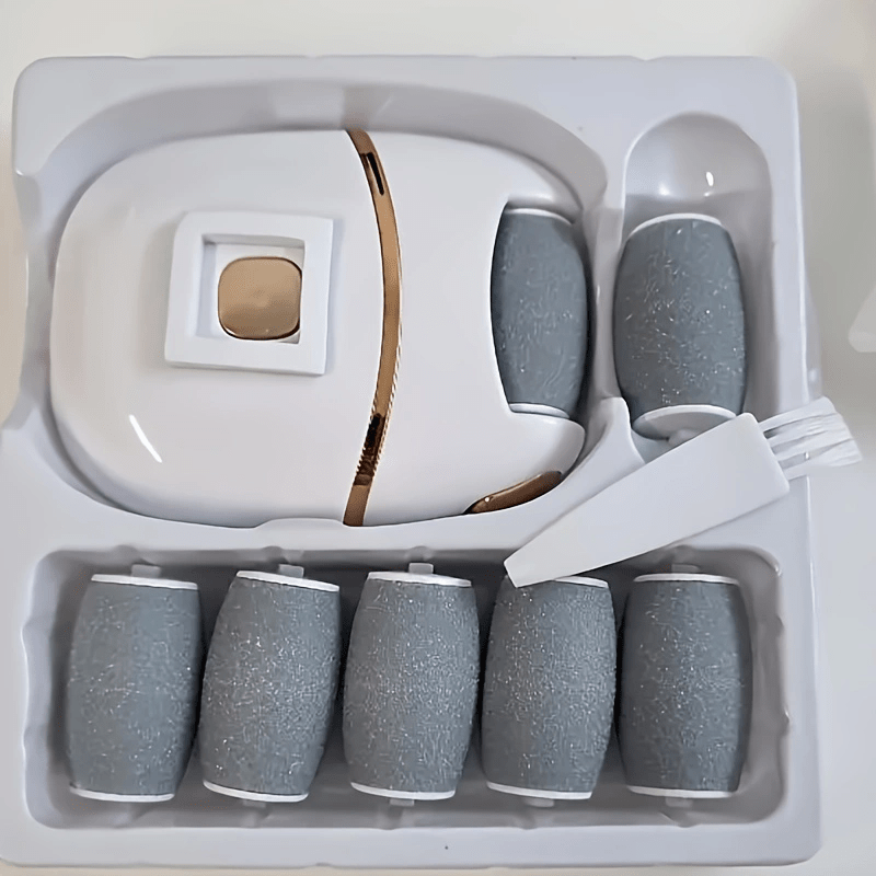 Rechargeable Electric Foot File with 6 Replaceable Heads for Dead Light Beige Removal and Polishing, USB Powered, Smooth Dual-Color Design in White &amp; Golden, Ergonomic Handle for Comfortable Use, Foot Scrubber, Foot Dead Skin