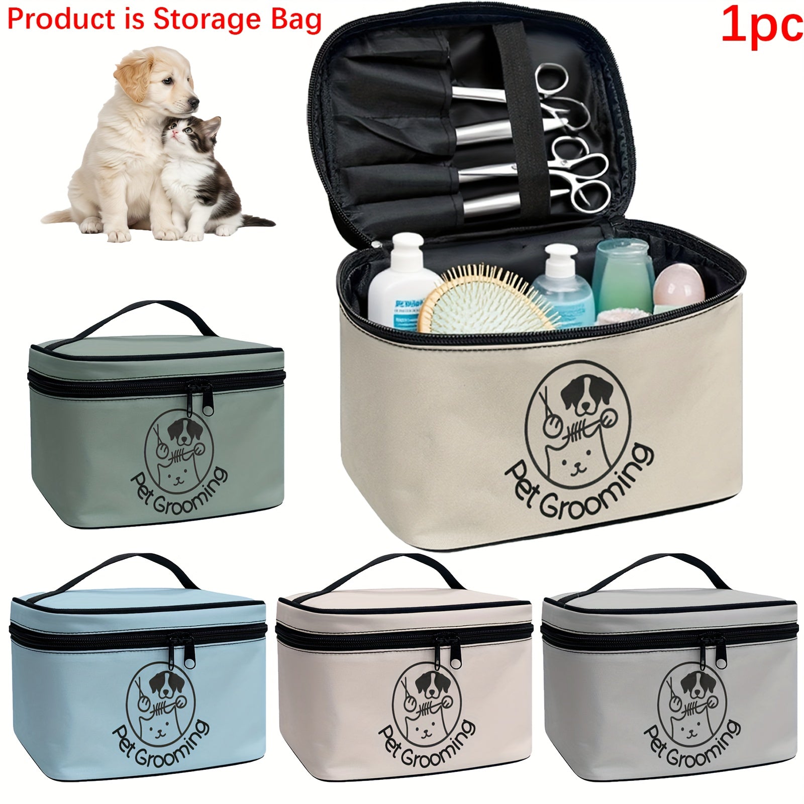 1pc Dog & Cat Grooming Kit Storage Bag with Top Handle and Double Zipper Design, Multi-Compartment Pet Care Organizer for Home and Travel Use - Ideal Gift for Pet Lovers, Pet Grooming Supplies, Playful Dog Design, Secure Zipp