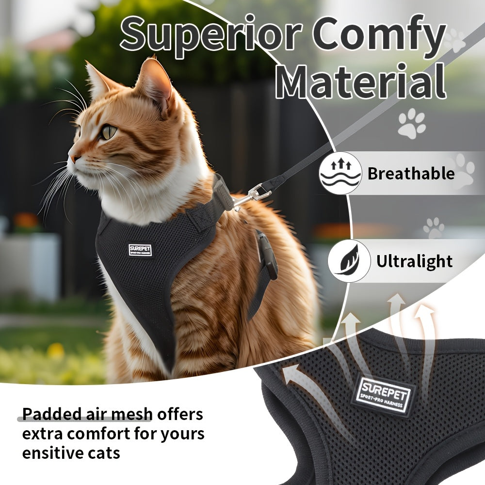 Harnais et laisse pour chat, gilet ajustable antifuîte, doux et respirant, bandes réfléchissantes, contrôle facile pour promenades sécurisées.