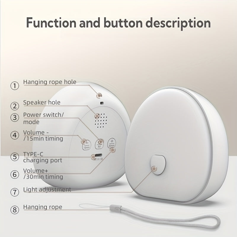 Veilleuse LED à bruit blanc, couleurs multiples, intensité réglable, sons apaisants, minuterie, portable avec batterie rechargeable 1200 mAh.