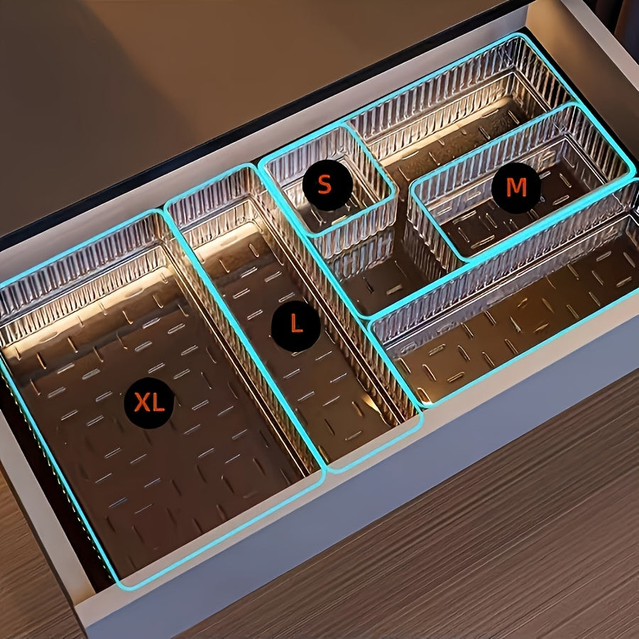 11/7/4pcs Transparent Plastic Craft Storage Box and Organizer Set, 4 Sizes Multi-Functional Bathroom and Vanity Drawer Organizer Trays for Cosmetics, Bedroom, Kitchen Utensils, and Office Storage