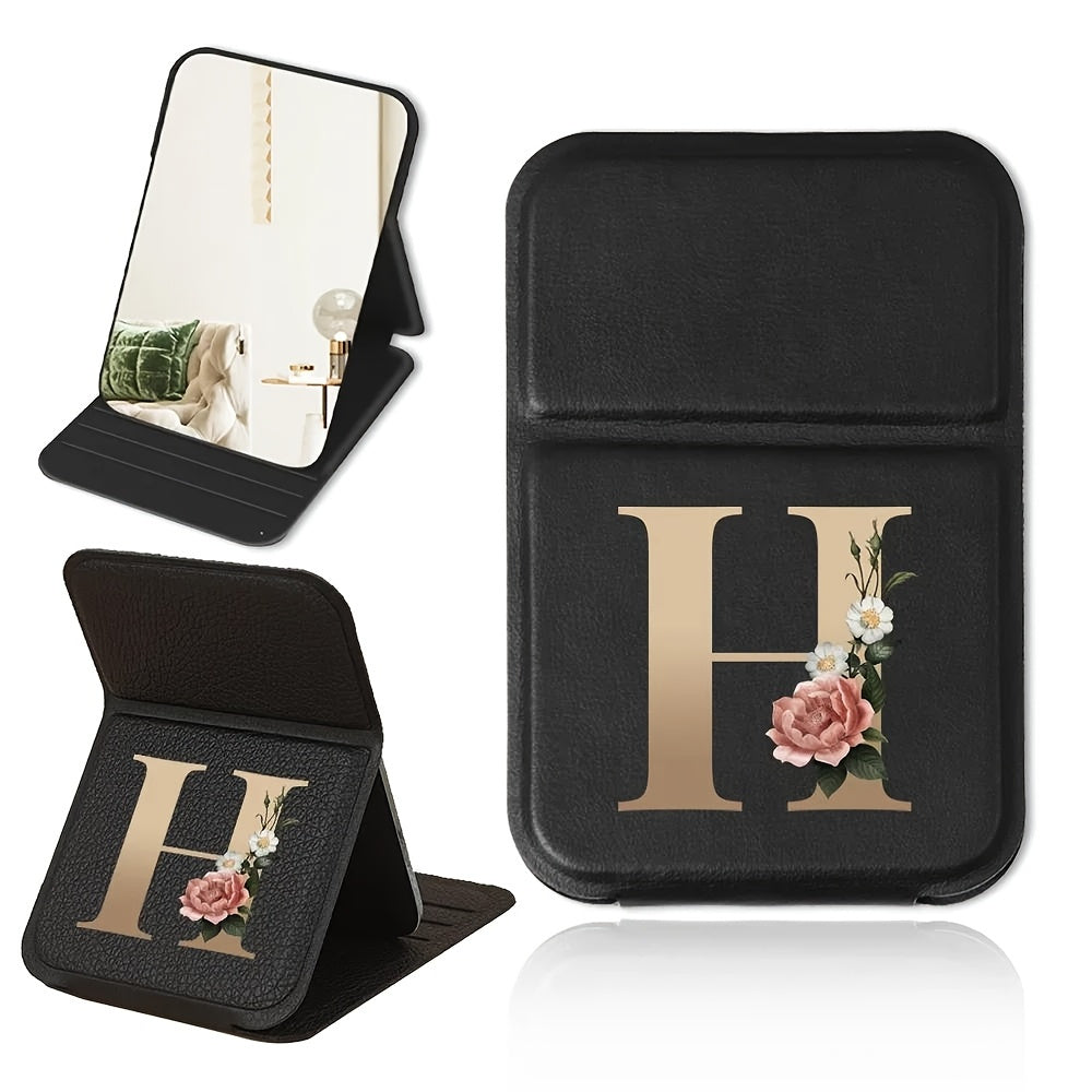 Miroir de maquillage pliable portable, design floral noir et doré, léger, étanche et anti-poussière, parfait cadeau pour enseignants et proches.
