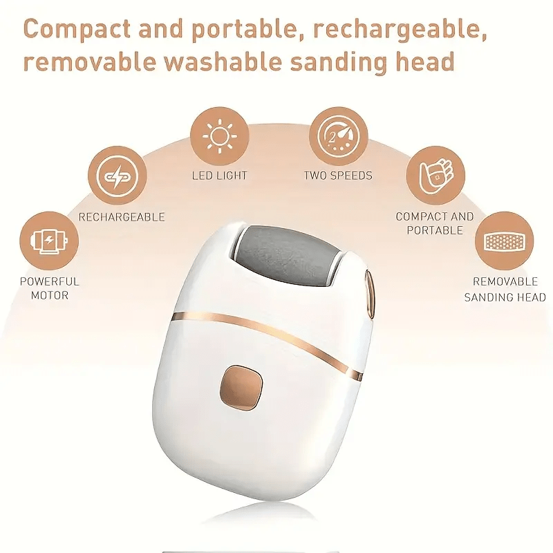 Rechargeable Electric Foot File with 6 Replaceable Heads for Dead Light Beige Removal and Polishing, USB Powered, Smooth Dual-Color Design in White &amp; Golden, Ergonomic Handle for Comfortable Use, Foot Scrubber, Foot Dead Skin