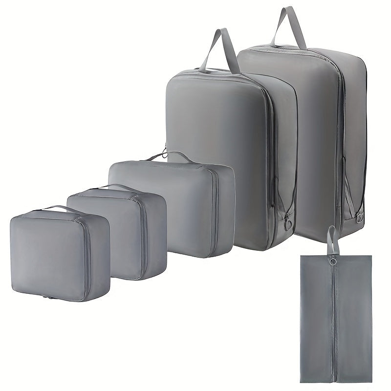 Ensemble minimaliste de 6 cubes de compression en polyester durable, idéal pour organiser vêtements et articles de toilette dans les bagages.