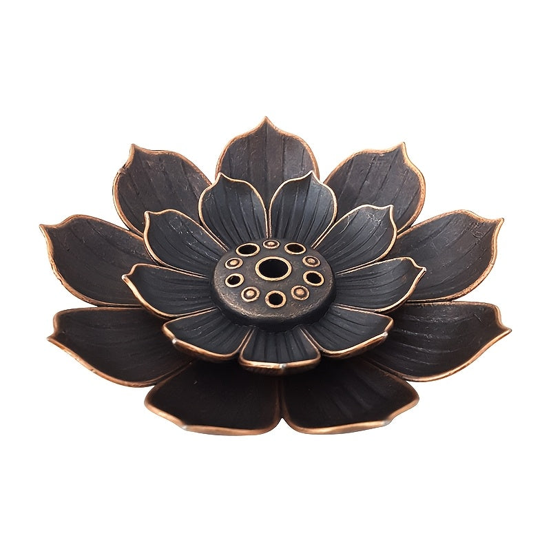 Porte-encens Lotus à deux étages Design fleur de lotus, alliage de zinc robuste, finition noire minimaliste, idéal pour encens bâtons ou cônes, maison, yoga ou spa.