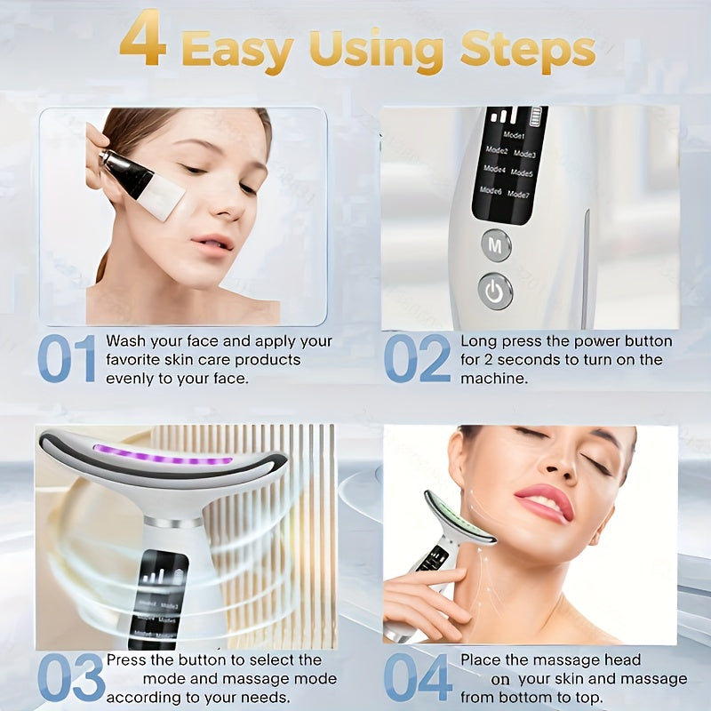 Appareil de soin visage et cou rechargeable, 7 modes, massage vibrant et chauffant, design ergonomique, améliore routine beauté à domicile.