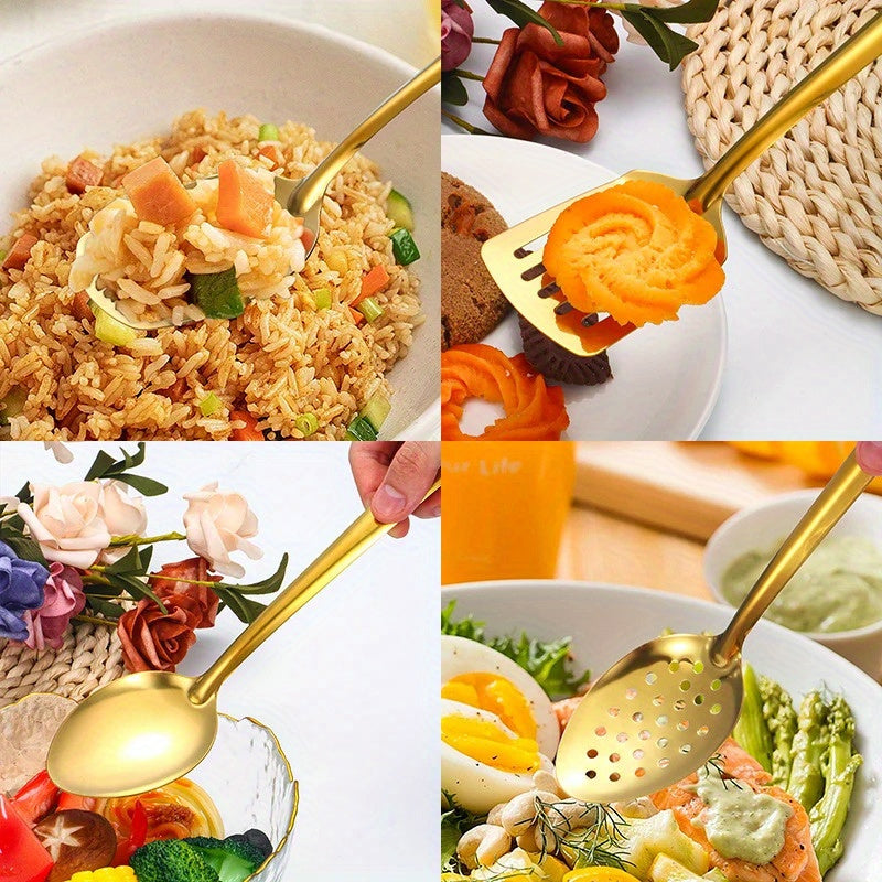 6pcs Korean-Style Stainless Steel Gold-Plated Kitchen Utensil Set: Essential Cooking Ladle, Strainer Spoon, and Frying Spatula for Home Use - Luxurious Golden Soup Spoon, Colander, and Hot Pot Ladle Perfect for Cooking, Buffe