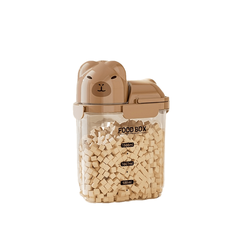 Seau hermétique pour nourriture de chien 2–2,8 L, plastique transparent, portable, idéal pour stocker croquettes et friandises en voyage.