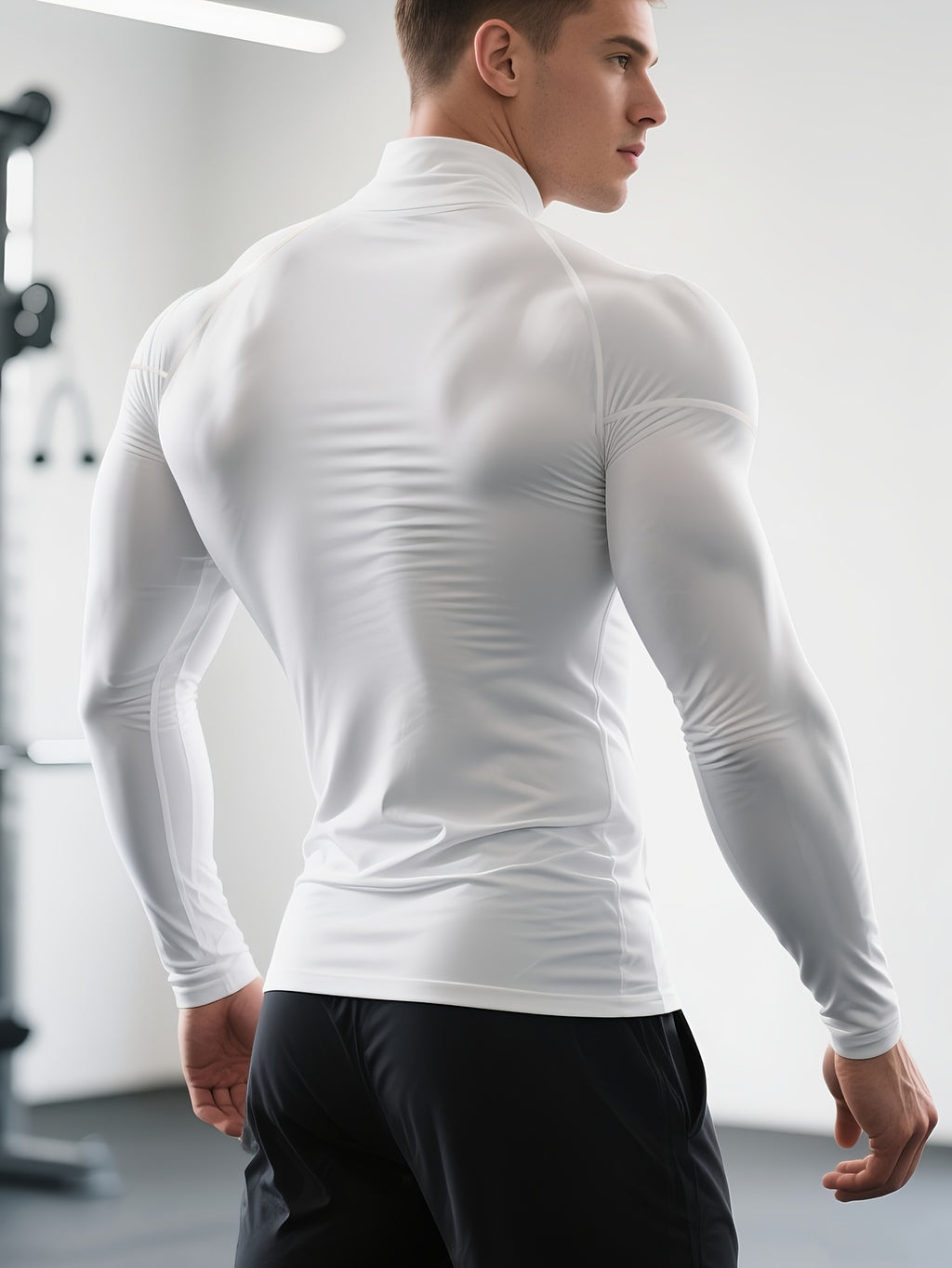 T-shirt de fitness homme à séchage rapide, col haut et manches longues, ajusté, parfait pour le gym, boxe et entraînements toute saison.