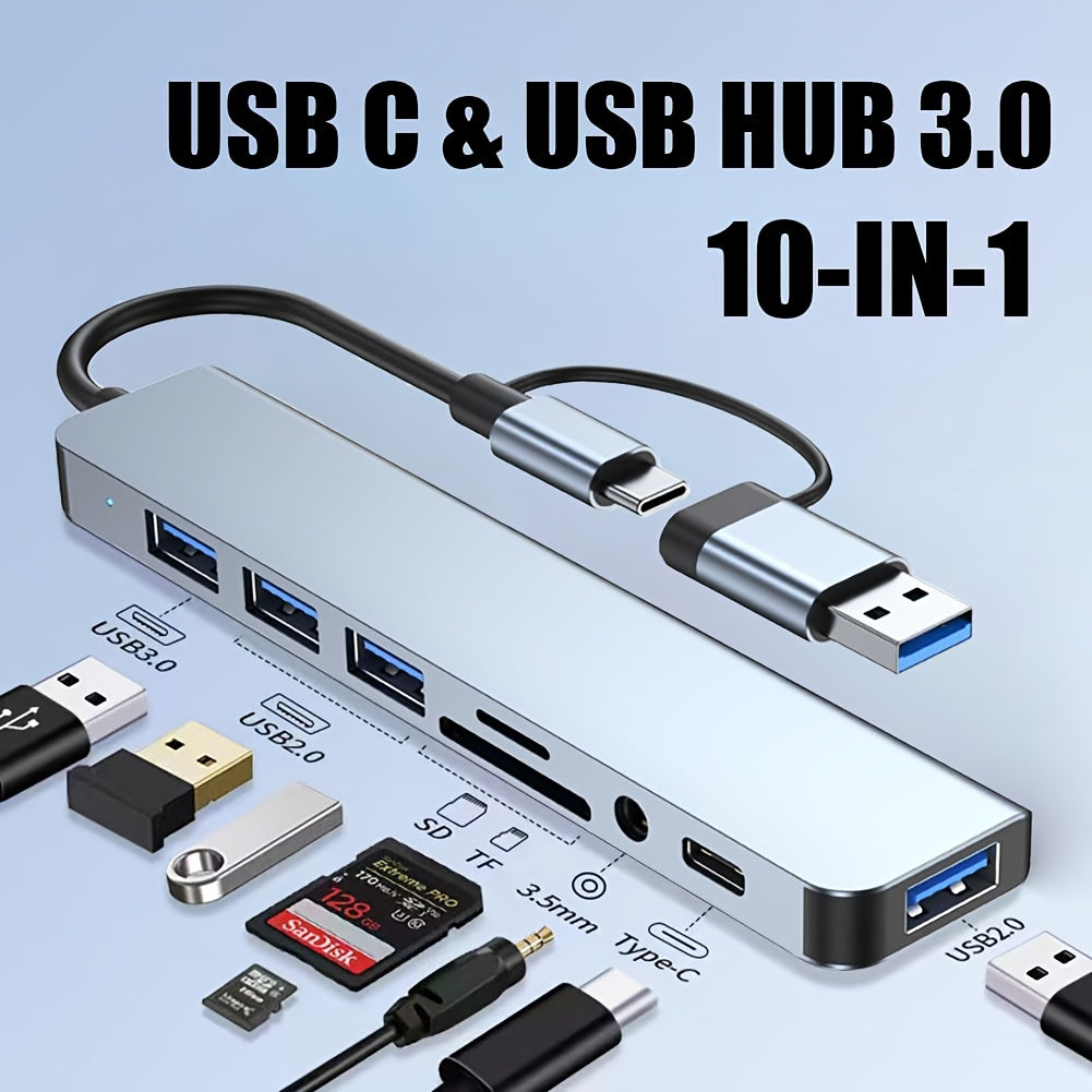 Multi-Function Hub, USB &amp; TYPE-C Ports, featuring USB 3.0 + USB-C + SD/TF + 3.5mm Audio. A versatile docking station that supports seamless multi-port collaboration, suitable for smartphones, tablets, and computers for both v