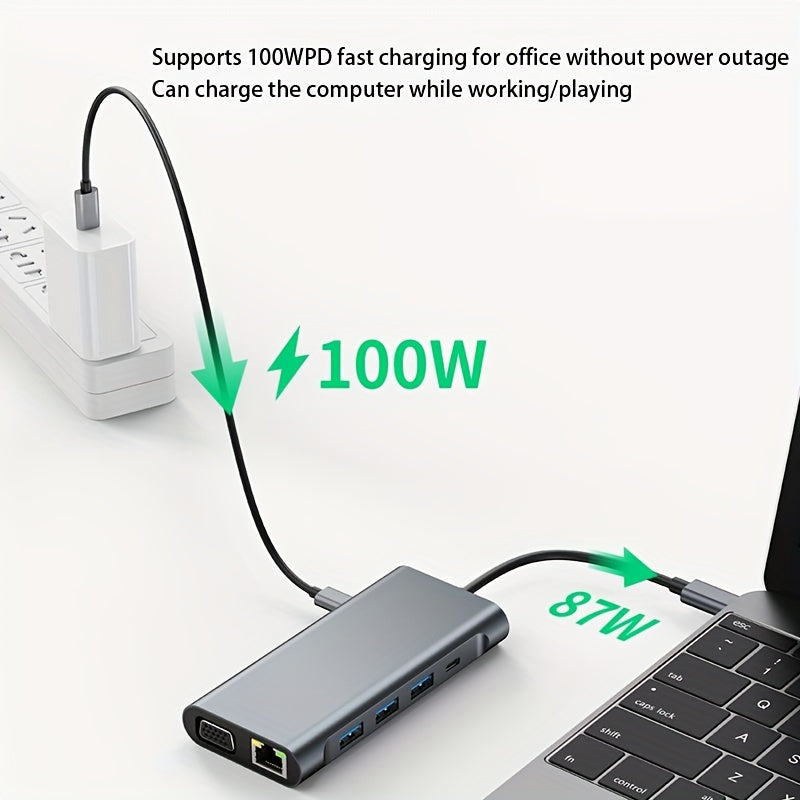 Station d’extension 11-en-1 Type-C, compatible MacBook, Windows et autres ordinateurs USB-C, offrant connectivité multiple et polyvalente pour laptop.