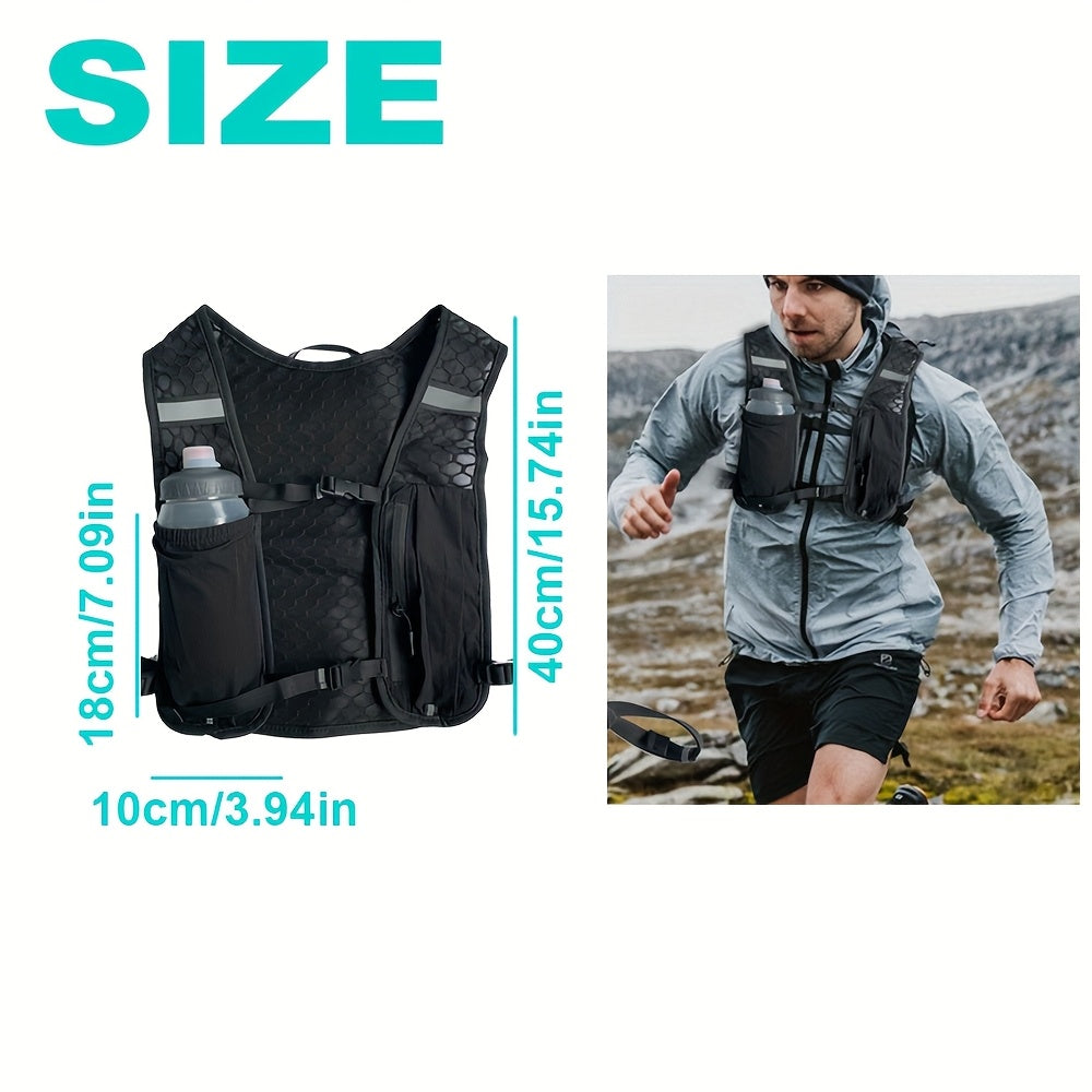 Sac à dos sportif type gilet avec poches multiples, mesh respirant, design ergonomique, idéal pour course, randonnée et hydratation mains libres.