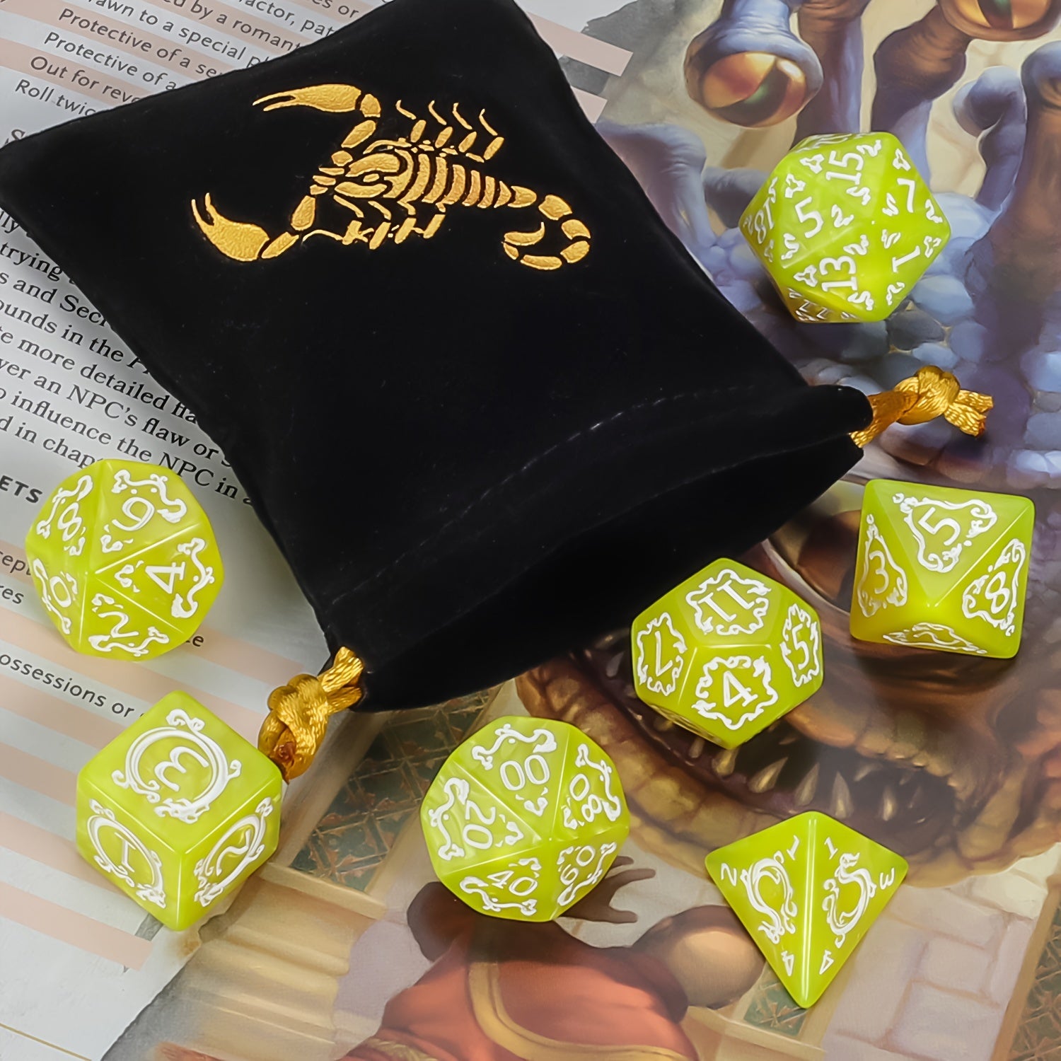 [مفضل لدى العملاء] مجموعة نرد متعدد السطوح فاخرة (7 قطع) مع حقيبة برباط لألعاب الطاولة من نوع الزنزانات والتنينات D&amp;D RPG MTG. مثالية للألعاب، والهالوين، وهدايا عيد الميلاد، ومغامرات تقمص الأدوار الخيالية.