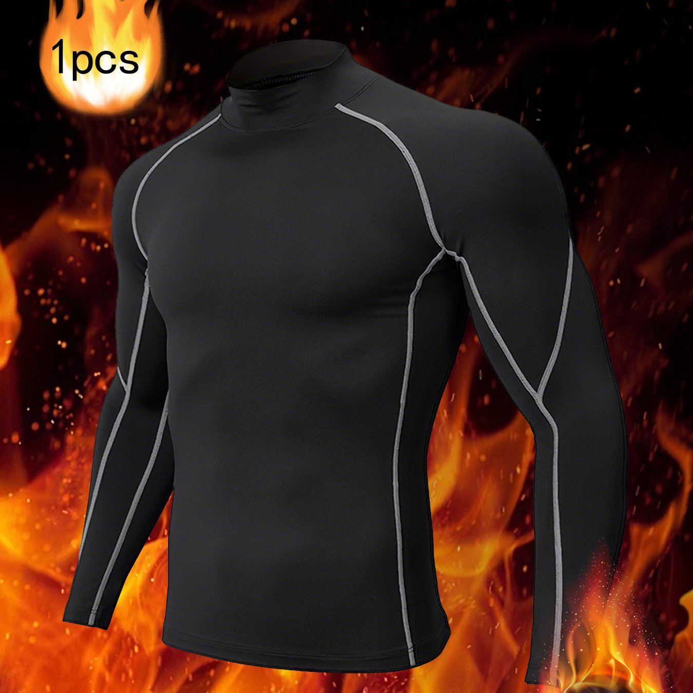 T-shirt thermique homme à manches longues, slim fit, tissu extensible, col montant, idéal pour sport, course et activités extérieures en conditions froides.