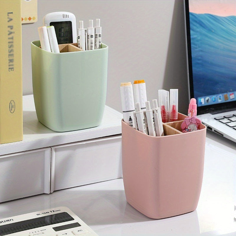 1pc Bamboo-Like Plastic Desk Organizer with Pen Holder &amp; Jewelry Storage - 3/4 Compartment Standalone Multi-Purpose Box for Office, Bathroom, Bedroom - Storage Shelf for Earrings, Rings, Makeup, Small Items (Low, Desk &amp; Drawe