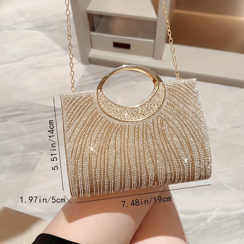 Elegant Golden Rhinestone Evening Clutch with Magnetic Closure - Polyester, Shoulder &amp; Handbag for Weddings, Bridesmaids, Parties, Mother'S Day Gift, Wedding Season Accessory|Rhinestone Embellished Bag|Polyester Clutc