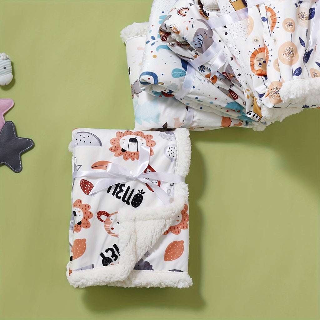 Ultra-Soft Double-Layered Youngsters' Blanket with Cute Animal Prints - Cozy, Machine Washable for Autumn &amp; Winter - Available in Gray, White, Blue, Yellow